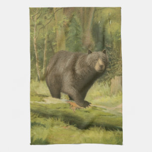 Black Bear Stepping on a Tree Trunk Kitchen Towel