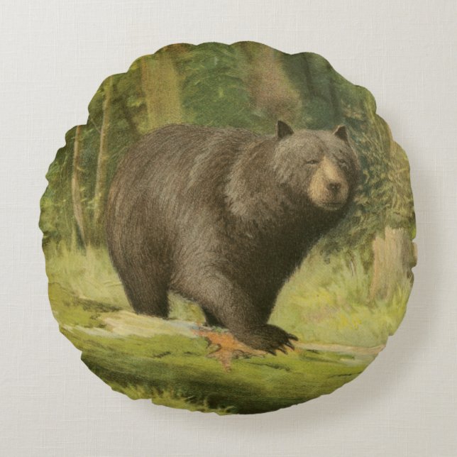 Black Bear Stepping on a Tree Trunk Round Pillow (Front)