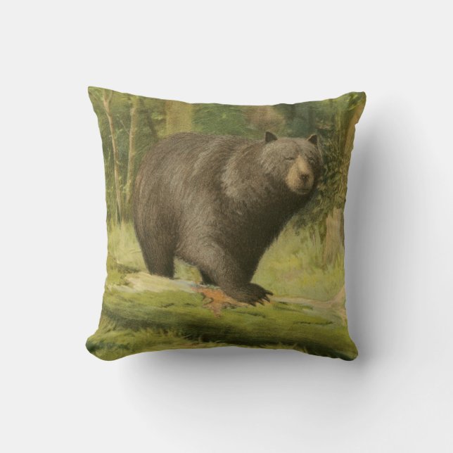 Black Bear Stepping on a Tree Trunk Throw Pillow (Front)