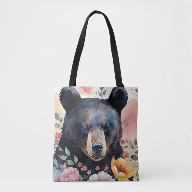 Black Bear Watercolor Floral Art Tote Bag (Front)