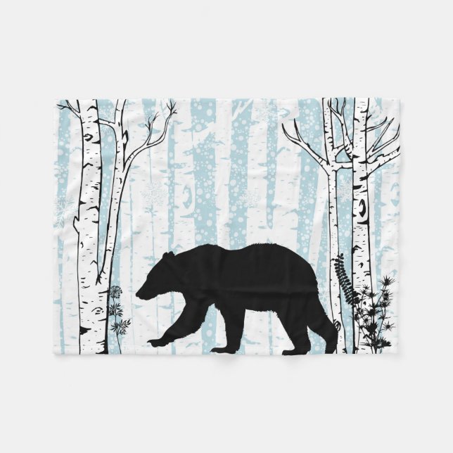 Black Bear With Birch Blue Sky Fleece Blanket (Front (Horizontal))