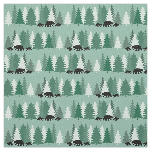 Black Bear with Cubs and Pine Trees Patterned Fabric (Swatch)