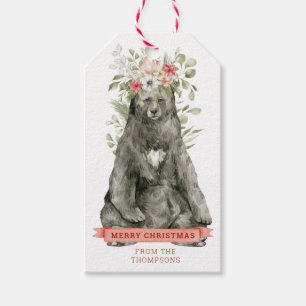 Black Bear with Flowers   Merry Christmas  Gift  Tags