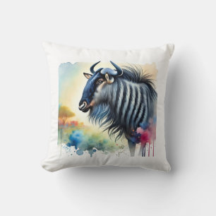 Black Bearded Blue Wildebeest 290824AREF129 - Wate Throw Pillow