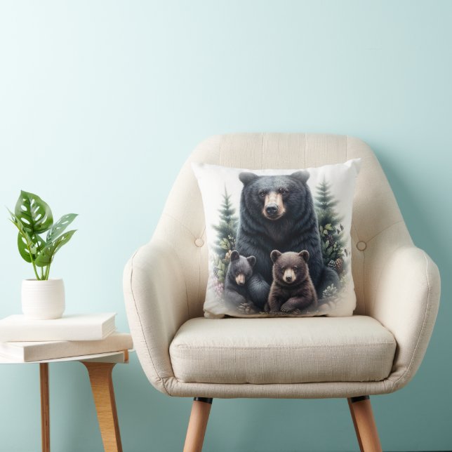 Black Bears in Forest Rustic Wildlife Throw Pillow (Chair)