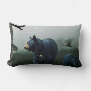 Black Bears, Raven and Totem Pole Art Lumbar Pillow