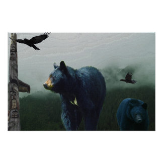 Black Bears, Ravens and Totems Wildlife Art Poster