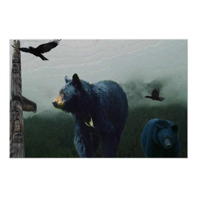 Black Bears, Ravens and Totems Wildlife Art Poster (Front)