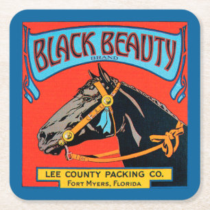 Black Beauty Horse on Red Background Square Paper Coaster