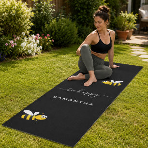 Black bee happy bumble bees summer fun humour name yoga mat