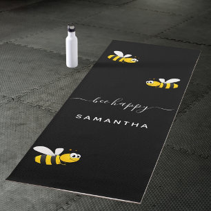 Black bee happy bumble bees summer fun humour name yoga mat