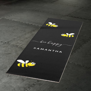 Black bee happy bumble bees summer fun humour name yoga mat