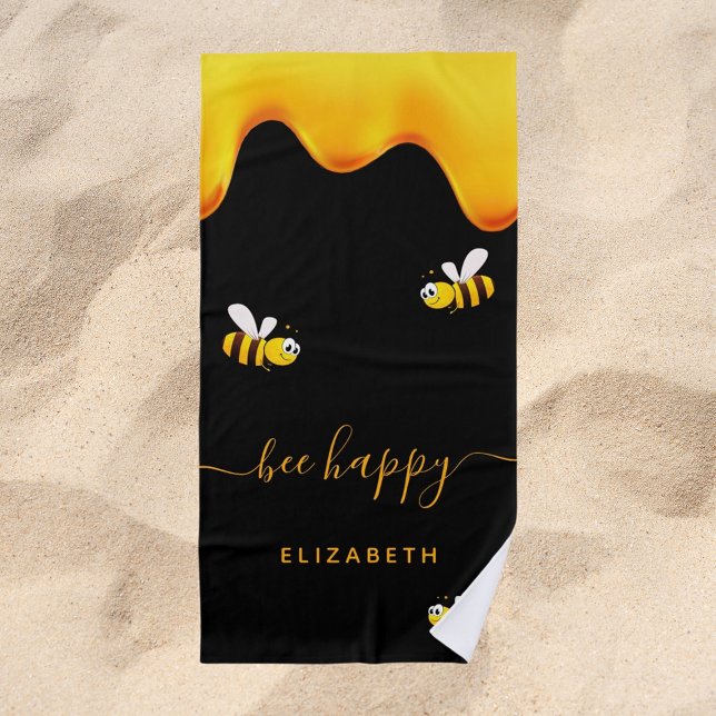 Black bee happy bumble bees sweet honey monogram beach towel (Creator Uploaded)