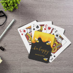 Black bee happy bumble bees sweet honey monogram playing cards<br><div class="desc">A chic black background decorated with golden dripping honey. The text: Bee Happy with a golden hand lettered style script with swashes.  Personalize and add your name,  family name.</div>