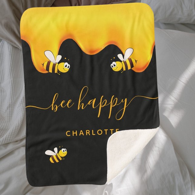 Black bee happy bumble bees sweet honey monogram sherpa blanket (Creator Uploaded)