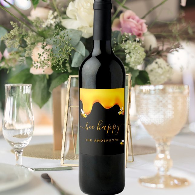 Black bee happy bumble bees sweet honey monogram sparkling wine label (Creator Uploaded)