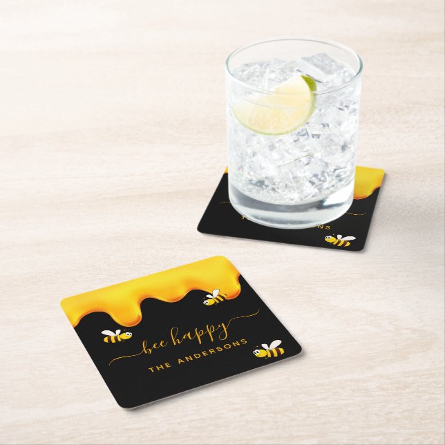 Black bee happy bumble bees sweet honey monogram square paper coaster (Insitu)