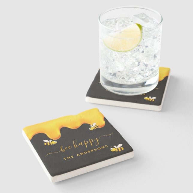 Black bee happy bumble bees sweet honey monogram stone coaster (Side)