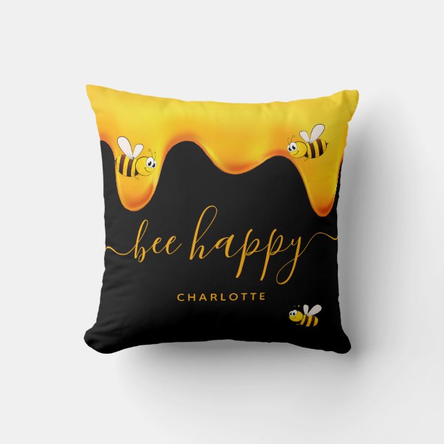 Black bee happy bumble bees sweet honey monogram throw pillow (Front)