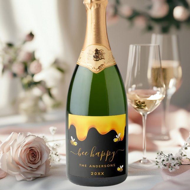Black bee happy bumble bees sweet honey sparkling wine label (Creator Uploaded)