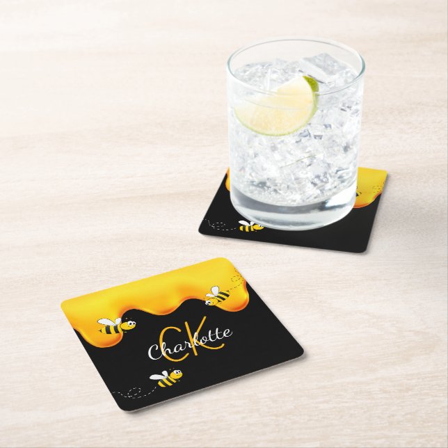 Black Bees honey dripping monogram Square Paper Coaster (Insitu)