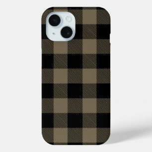 Black Beige Buffalo Plaid Check Pattern iPhone 15 Case