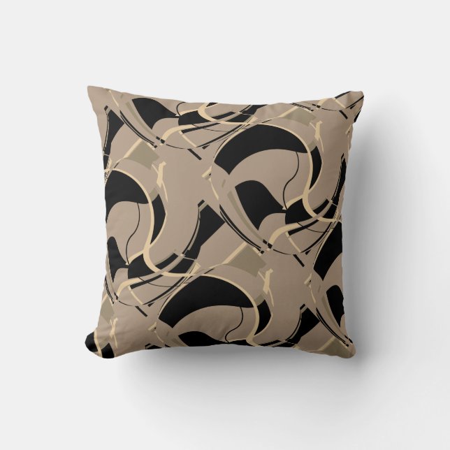 Black Beige Grey on Taupe Diagonal Swirling Design Throw Pillow (Front)