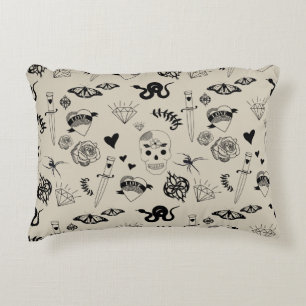 Black & Beige Hand Drawn Tattoo Pattern Accent Pillow