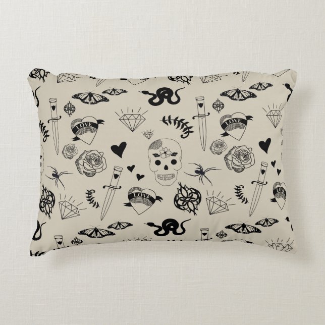 Black & Beige Hand Drawn Tattoo Pattern Accent Pillow (Front)