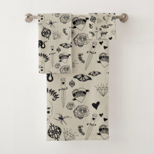 Black & Beige Hand Drawn Tattoo Pattern Bath Towel Set