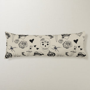 Black & Beige Hand Drawn Tattoo Pattern Body Pillow