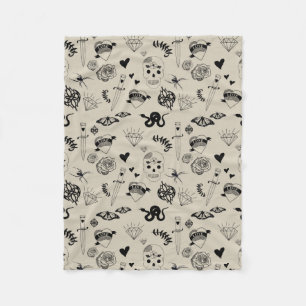 Black & Beige Hand Drawn Tattoo Pattern Fleece Blanket