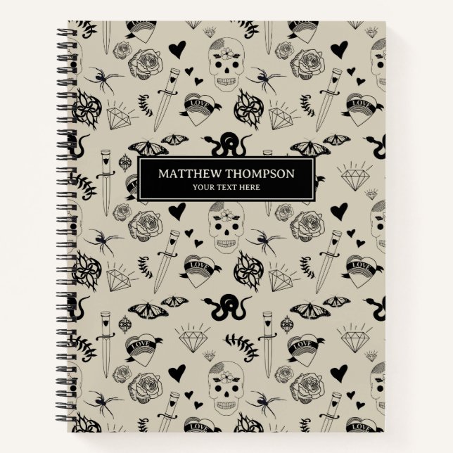 Black & Beige Hand Drawn Tattoo Pattern Notebook (Front)
