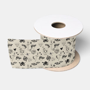 Black & Beige Hand Drawn Tattoo Pattern Satin Ribbon