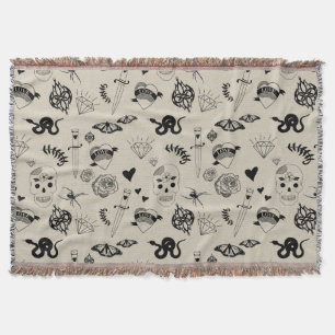 Black & Beige Hand Drawn Tattoo Pattern Throw Blanket
