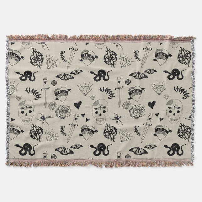 Black & Beige Hand Drawn Tattoo Pattern Throw Blanket (Front)