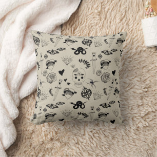 Black & Beige Hand Drawn Tattoo Pattern Throw Pillow