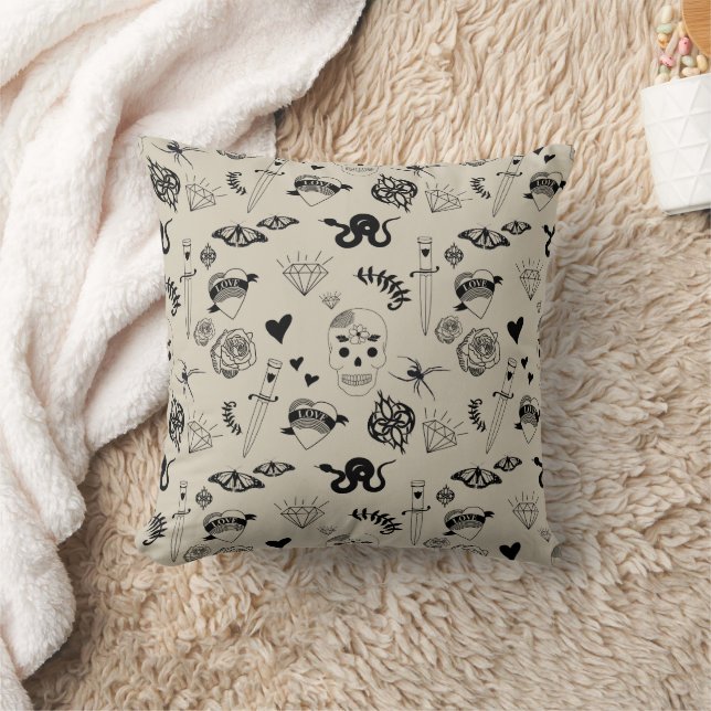 Black & Beige Hand Drawn Tattoo Pattern Throw Pillow (Blanket)