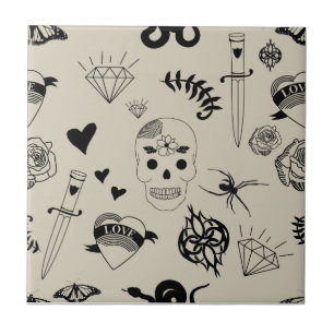 Black & Beige Hand Drawn Tattoo Pattern Tile