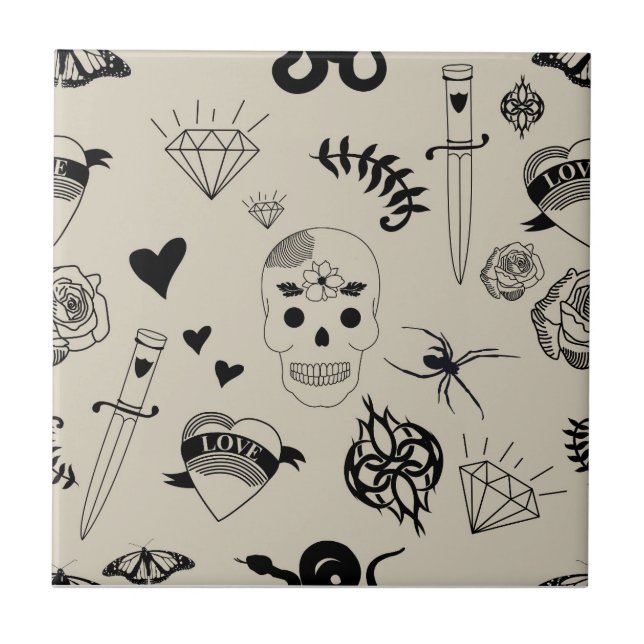 Black & Beige Hand Drawn Tattoo Pattern Tile (Front)