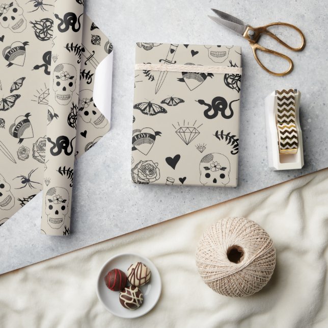 Black & Beige Hand Drawn Tattoo Pattern Wrapping Paper (Crafts)