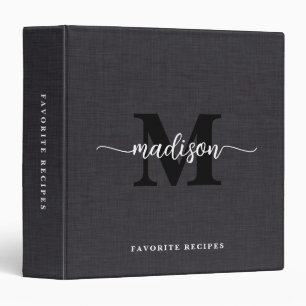 Black Beige Linen Texture Gold Script Name Recipe Binder