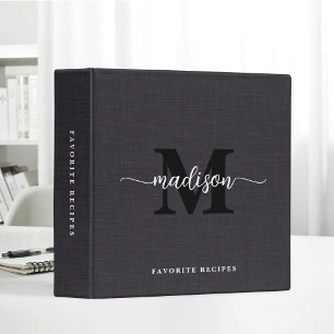 Black Beige Linen Texture Gold Script Name Recipe Binder