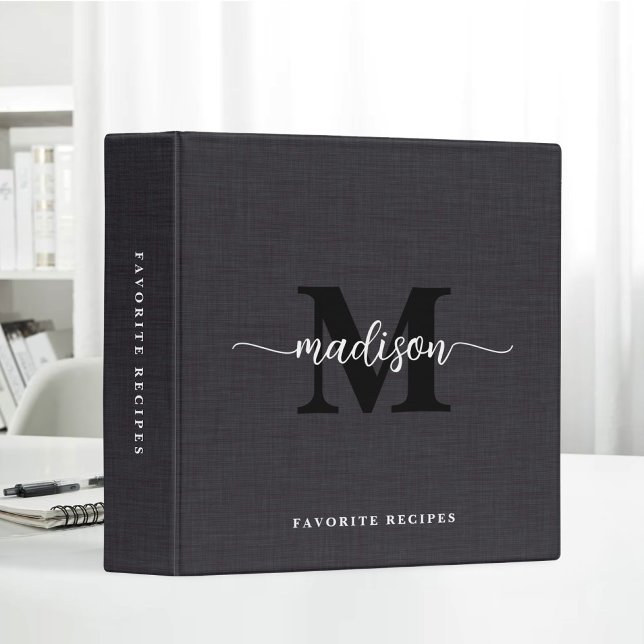 Black Beige Linen Texture Gold Script Name Recipe Binder (Creator Uploaded)
