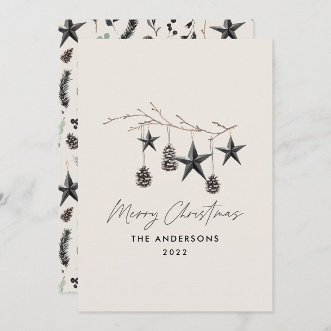 Black beige modern scandi elegant script Christmas Holiday Card (Front/Back)