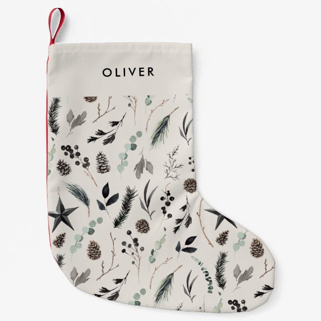 Black beige modern scandi elegant script Christmas Small Christmas Stocking (Front)