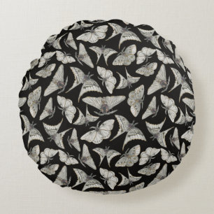Black Beige Moth Butterfly Bugs Pattern  Round Pillow
