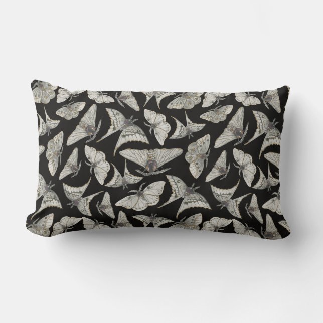 Black Beige Moth Butterfly Pattern  Lumbar Pillow (Front)