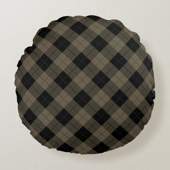 Black Beige Plaid Round Pillow (Front)