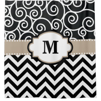 Black Beige Swirls Chevron Monogram